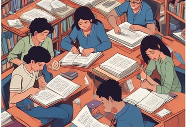 A spacious library with high ceilings, large windows, and numerous bookshelves along the walls. The room is filled with several tables and chairs, arranged neatly, creating a bright and welcoming study environment.