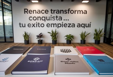mustras de varios manuales de marca sobre la mesa con frase inspiracional al fondo
