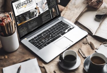 focus photo of black and white laptop computer turned on