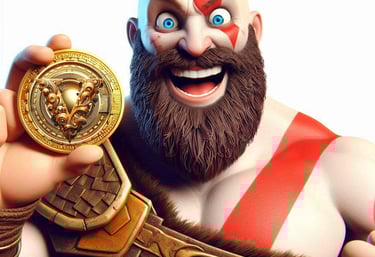 Vestrum Play to Earn platform. a funny illustration of Kratos the god of war happy with holding VSTM