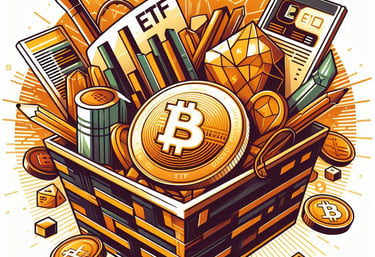 ETF basket. A basket of bitcoin and other cryptocurrency coins and a globe in the foreground