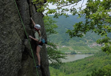 Climbing course participant at the Climbing Academy Vienna climbs toprope on the rock in the wachau.
