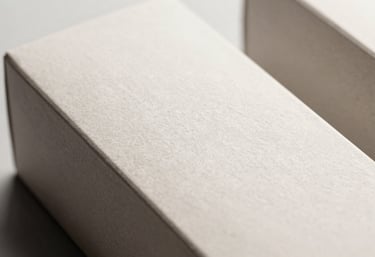 Macro photography of high-quality retail packaging, clean and sharp focus, professional studio lighting, palette of soft greys and off-white.