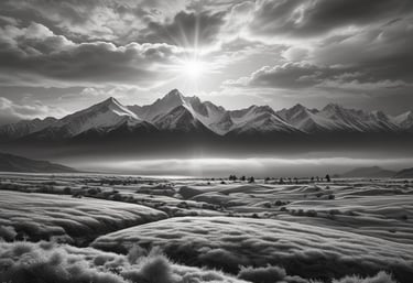 A serene man standing at dawn, looking towards a rising sun over a quiet landscape.