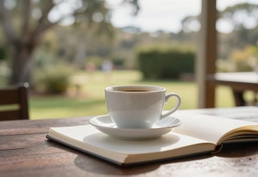A soft-focus shot of a simple coffee cup and a journal on a sunlit veranda overlooking an Australian garden.
