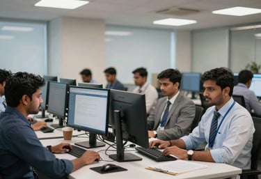 A high-tech office interior in Bangalore showing modern workstations with multiple monitors and South Asian / Indian employees in professional attire, focus on efficiency.