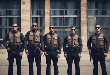 a group of police officers standing in a parking lot