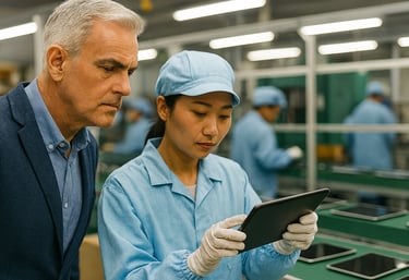 Técnica asiática inspeccionando una tablet en una línea de producción moderna, bajo supervisión internacional, representando