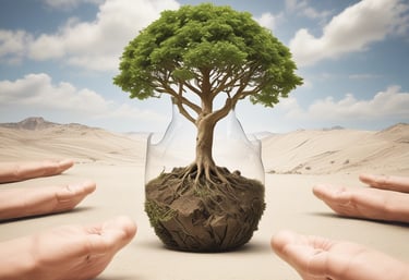 Close-up of hands holding recycled materials with a backdrop of green plants.