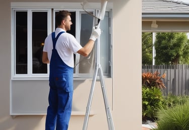 A professional painter applying a fresh coat of paint on a residential home exterior.