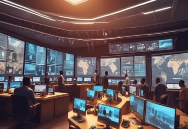 An illustration depicting government officials collaborating with technology tools.