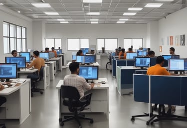 A team of professionals collaborating on web design projects in a modern office space.