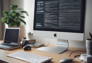 Modern office workspace with technology devices and digital interface.