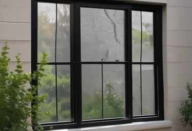 A pair of hands installing a security screen on a residential window.