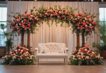A joyful couple celebrating at their wedding reception surrounded by friends and family.