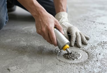 Close-up of a technician smoothing out a cracked subfloor with repair tools.