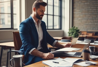 Entrepreneur in a suit working on a laptop at a table with coffee, planning his business.