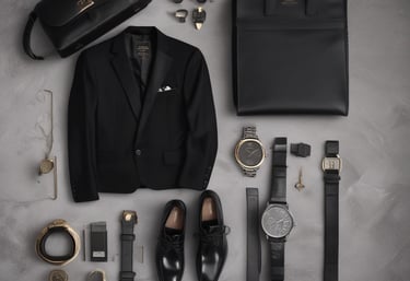 A neatly arranged collection of fashion accessories, including a beige handbag with a metallic clasp and tassel, a small plush teddy bear with a burgundy ribbon, and a pair of black-framed eyeglasses. The items rest on a textured background with floral patterns and typography. Several pieces of jewelry, such as rings, earrings, and a black bracelet, are placed on a magazine with a glossy page featuring more accessories.