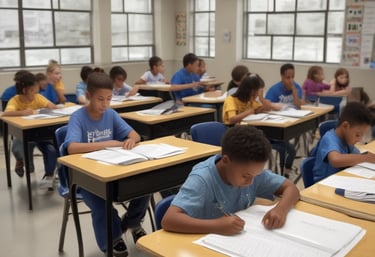 A teacher is engaging with a group of students sitting at a desk. The students are dressed in matching attire and wearing traditional headwear. They appear focused on their studies as they interact with the teacher. Books are open in front of them, and shelves filled with books are visible in the background.