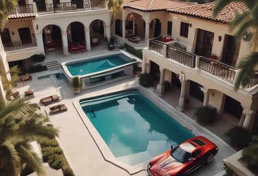 A large luxury motorhome with a built-in garage is showcased indoors. A high-end sports car is parked inside the garage compartment of the motorhome. There are potted plants arranged around the vehicle, and overhead lighting suggests an exhibition or show setting.