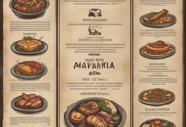A rustic paper menu from a restaurant called Barra Chalaca, featuring a variety of dishes with prices. The menu is divided into sections like 'De La Barra', 'De La Cocina', and 'Sánguches', each with a list of items. Side notes on the left indicate opening hours and location. The background includes a simple map sketch, and a bowl with red sauce is visible at the top left corner.