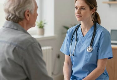 A caring clinician gently guiding an elderly patient through a cognitive test.