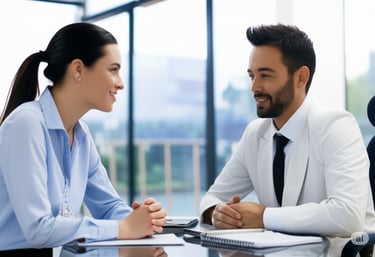 Dos personas conversando alrededor de un escritorio