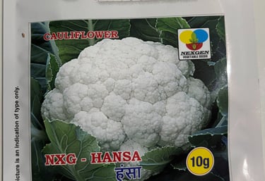 Nexgen vegetable seeds packet for NXG-Hansa Cauliflower with a 10g net weight for home gardening.