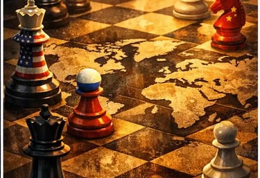 World map as chessboard symbolizing geopolitical strategy and global power competition