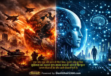 Conceptual illustration showing global conflict and artificial intelligence shaping the future of humanity