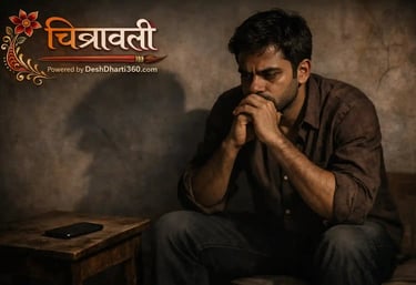 Indian middle-aged man sitting alone in a dimly lit room with a silent mobile phone on a wooden tabl