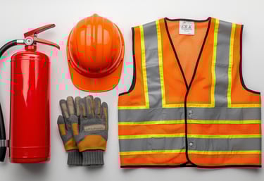 reflective vest, helmet, fire extinguisher, protective gloves