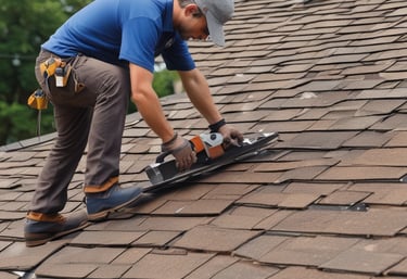 A person is sitting on a rooftop while holding a coiled tool, possibly working on a metal chimney. The roof has a slightly weathered appearance with dark tiles.
