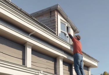 A person is working on a corrugated metal roof, wearing a harness for safety. They appear to be engaged in some kind of maintenance or repair work, holding equipment or tools. The roof is weathered and shows patches of rust and wear.