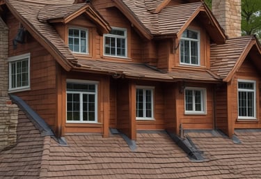 A close-up of a roof gutter filled with dry leaves, with the shingles showing signs of wear and tear. The light casts a warm glow on some of the leaves, enhancing the texture of the dried foliage and the roof's surface.