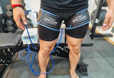 A variety of BFR cuffs and exercise equipment displayed at Galena Physiotherapy in Noida