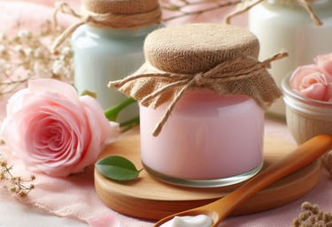 a table with jars of candles and flowers