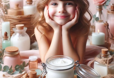 a little girl with a lot of beauty products