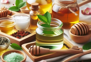 peppermint lezaves in glass jar, honey and various ingredients in background