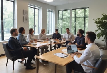 A vintage advertisement is painted on the side of a weathered brick building, featuring ornate lettering that reads 'Abstract & Guaranty Co.'. Below, storefronts with awnings display the names of various businesses, including 'Crouch Family Medicine'. The scene suggests a small-town or urban environment with a classic and historical feel.