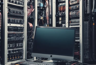 Telecommunication towers surrounded by lush greenery with a clear blue sky and scattered clouds above. A small blue building with a red roof is visible on the left side, partly obscured by trees.