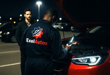 Mécanicien ExelAutos de nuit inspectant une panne de voiture avec lampe torche en Île-de-France