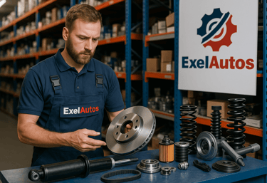Technicien ExelAutos examinant une plaquette de frein neuve dans le stock de pièces détachées
