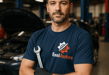 Technicien ExelAutos posant avec une clé plate devant un véhicule en atelier de réparation auto