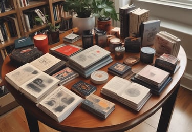 A black tablecloth with the words 'PRODUCT SCHOOL' covers a rectangular table. Stacks of books are neatly arranged on the left side of the table, while several papers with pens are laid out on the right. The backdrop features an industrial-style brick wall, and a plant can be seen to the side of the table.