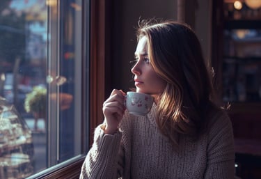 Woman sitting by window in the morning holding coffee, feeling thoughtful and calm – cortisol 