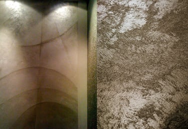 Two images depicting a luxurious grainy silver paint finish
