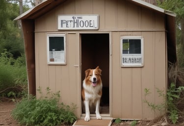 a dog house with a dog sitting in the middle of the house