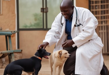 a AAK veterinary is petting happy dogs in the clinic