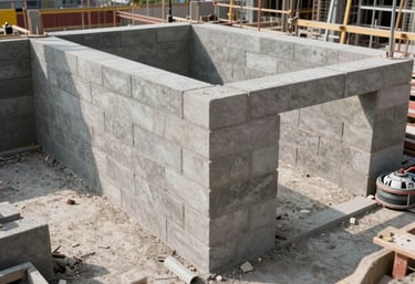 A photograph showing the 'before and after' progress of a civil construction site, highlighting clean masonry and organized workspace.